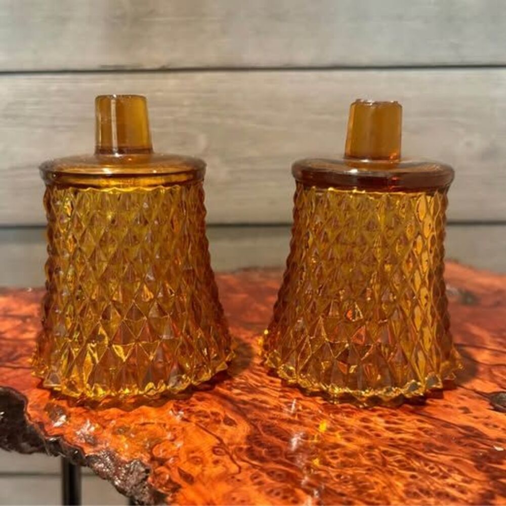 Set of 2 Amber Glass Diamond Point Peg Votive Holder by Homco